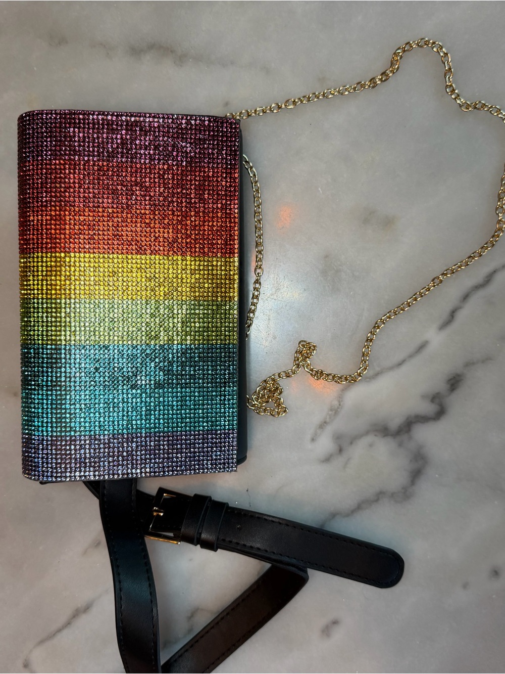 JustFab Rainbow Rhinestone Crossbody Clutch with Gold Chain